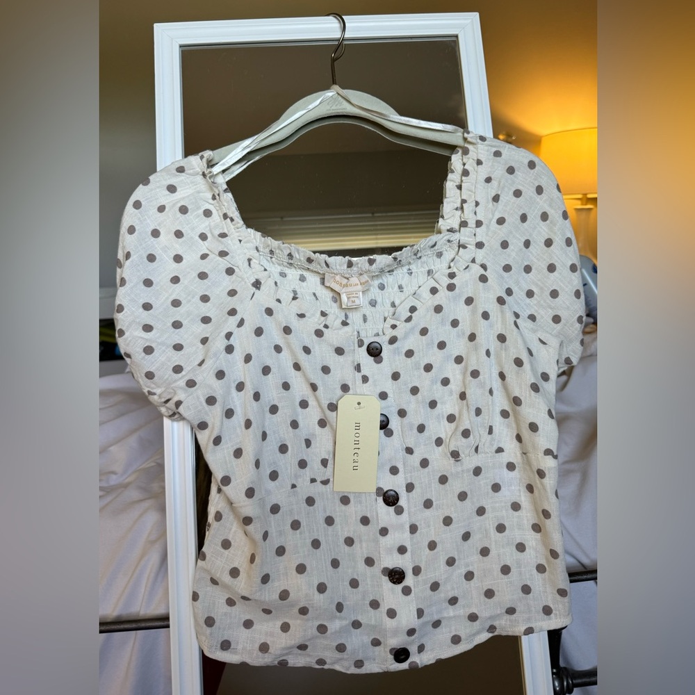 Monteau Cream Poka Dot Puffed Short Sleeve Shirt